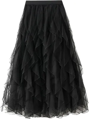 Layered Tulle Skirts for Women Elastic Waist Tutu Fairy A Line Tiered Long Skirt