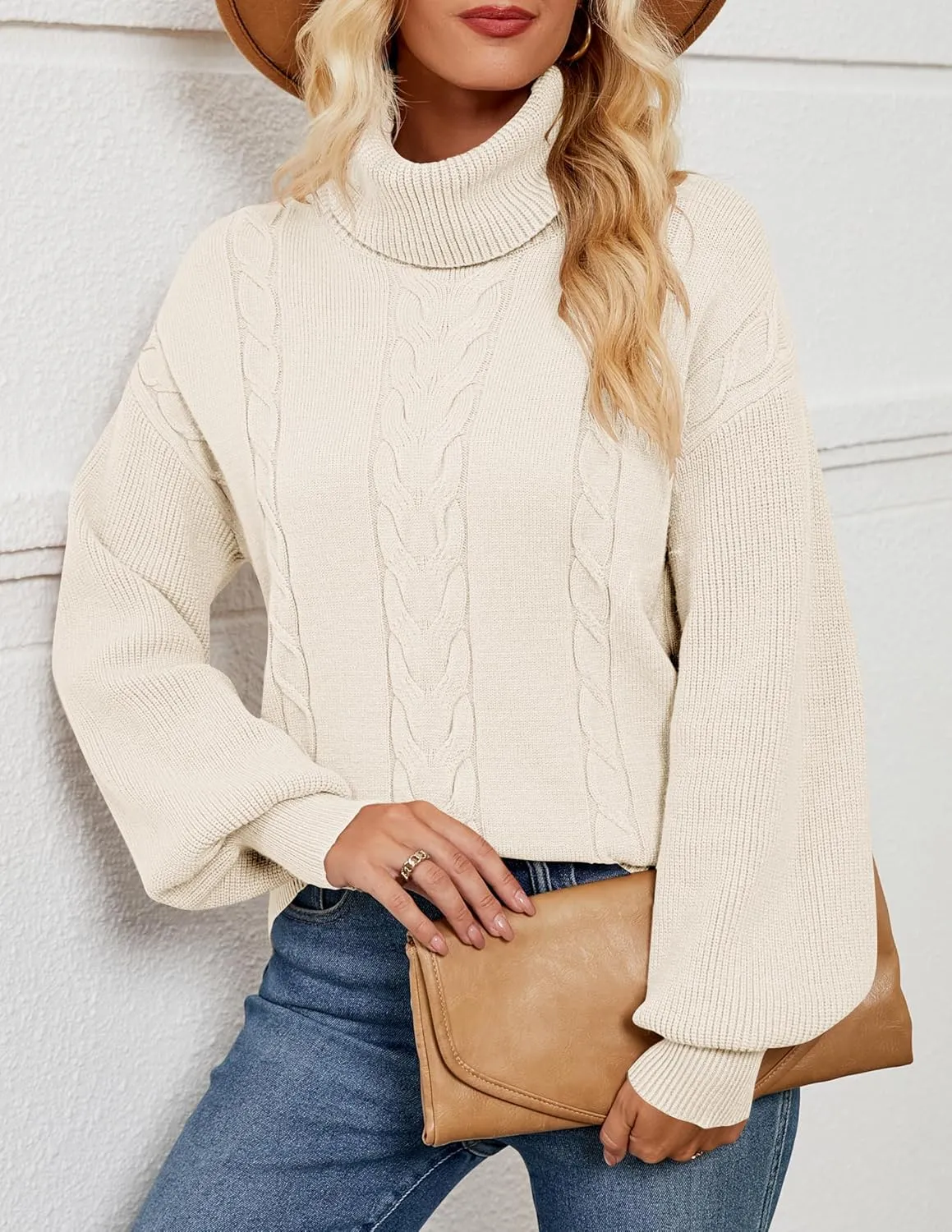 LEANI Women's 2024 Turtleneck Sweater Lantern Long Sleeve Cable Knit Pullover Sweaters Jumper