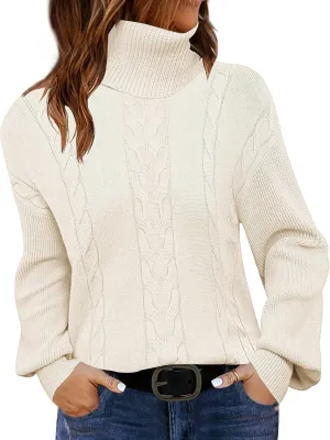 LEANI Women's 2024 Turtleneck Sweater Lantern Long Sleeve Cable Knit Pullover Sweaters Jumper