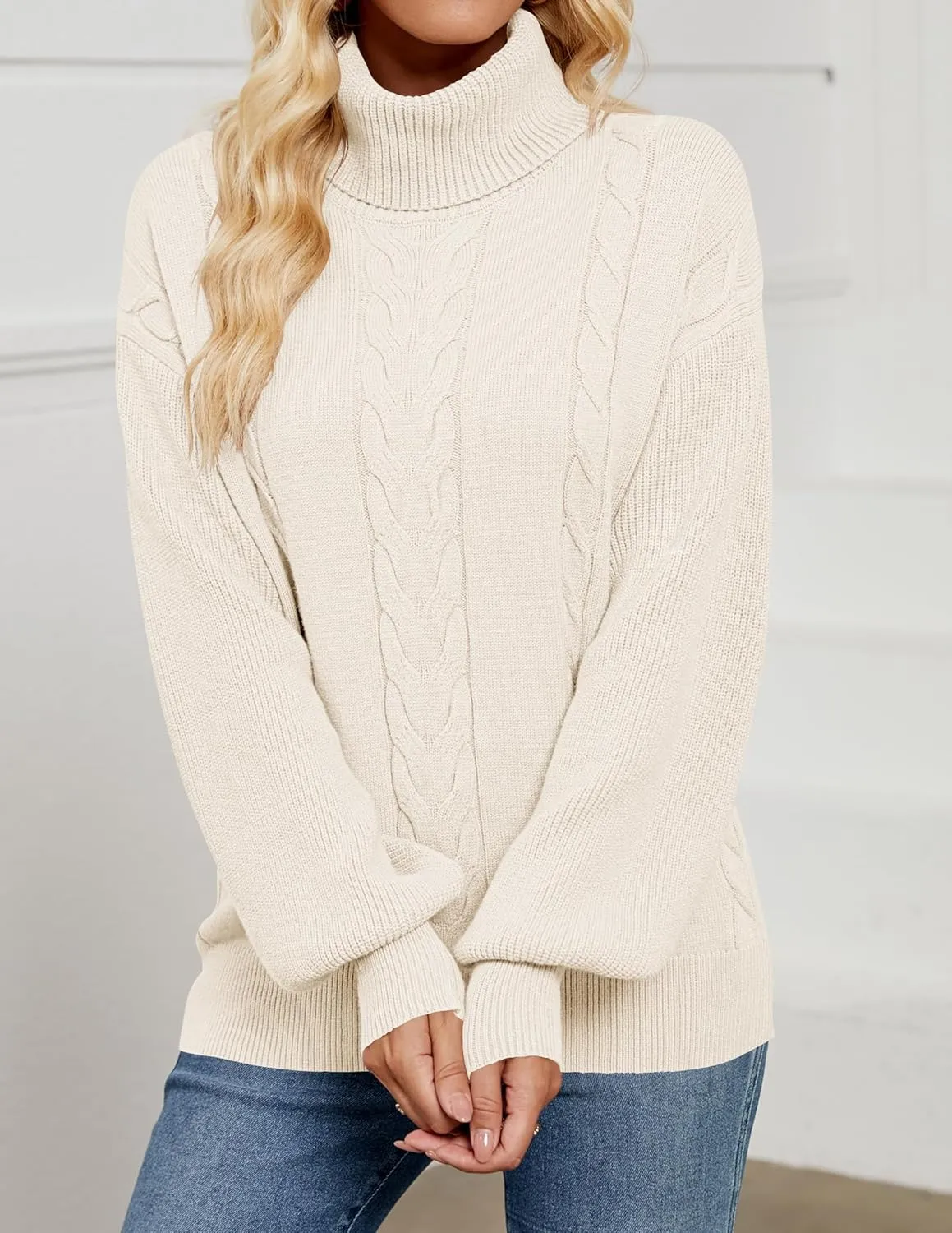 LEANI Women's 2024 Turtleneck Sweater Lantern Long Sleeve Cable Knit Pullover Sweaters Jumper