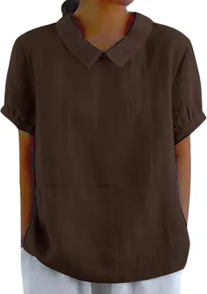 Linen Shirts for Women Collared Solid Color Short Sleeve Tunic Blouses Casual Loose 2025 T-Shirt Tops for Summer