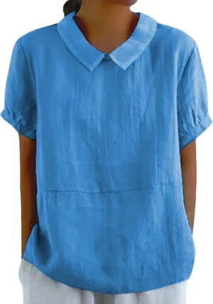 Linen Shirts for Women Collared Solid Color Short Sleeve Tunic Blouses Casual Loose 2025 T-Shirt Tops for Summer