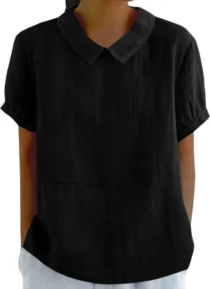 Linen Shirts for Women Collared Solid Color Short Sleeve Tunic Blouses Casual Loose 2025 T-Shirt Tops for Summer