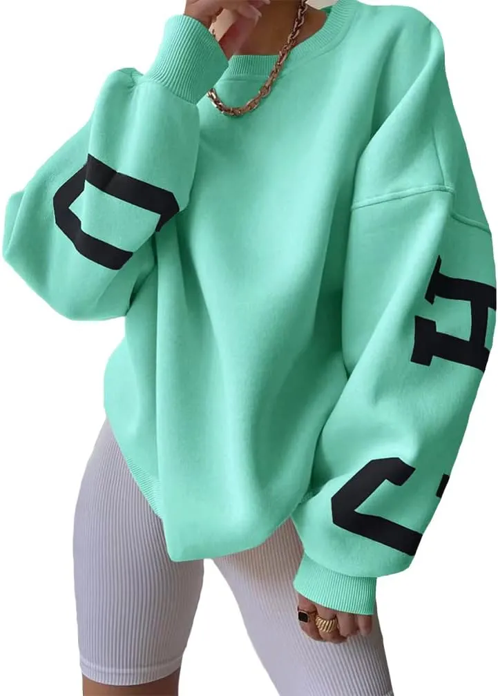 LOFAAC Women Oversized Fleece Letter Graphic Print Sweatshirt Aesthetic Crew Neck Long Sleeve Drop Shoulder Pullover Top