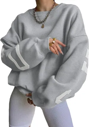 LOFAAC Women Oversized Fleece Letter Graphic Print Sweatshirt Aesthetic Crew Neck Long Sleeve Drop Shoulder Pullover Top