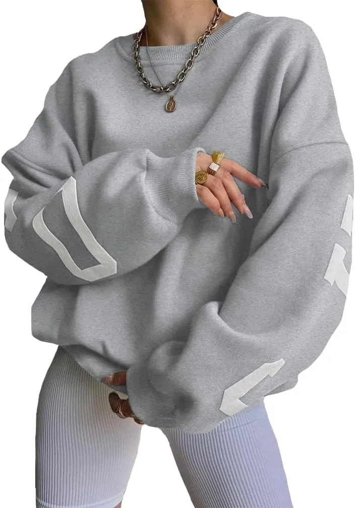 LOFAAC Women Oversized Fleece Letter Graphic Print Sweatshirt Aesthetic Crew Neck Long Sleeve Drop Shoulder Pullover Top