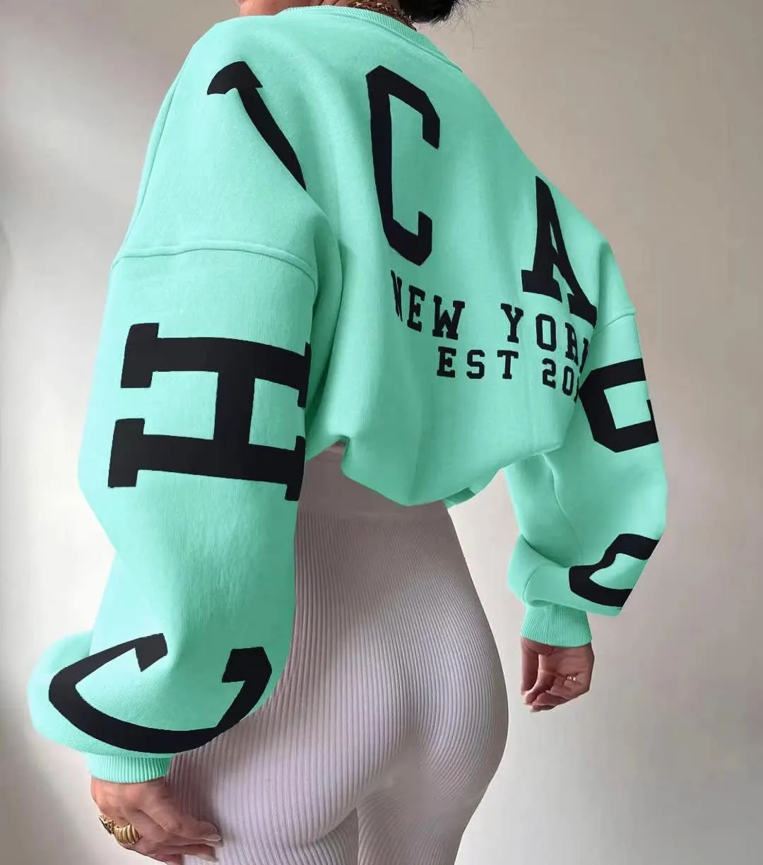 LOFAAC Women Oversized Fleece Letter Graphic Print Sweatshirt Aesthetic Crew Neck Long Sleeve Drop Shoulder Pullover Top