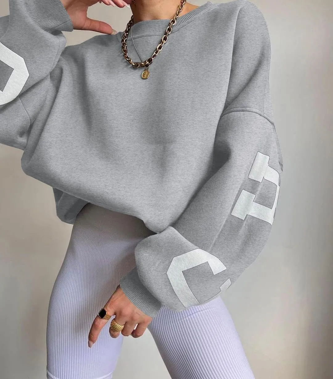 LOFAAC Women Oversized Fleece Letter Graphic Print Sweatshirt Aesthetic Crew Neck Long Sleeve Drop Shoulder Pullover Top