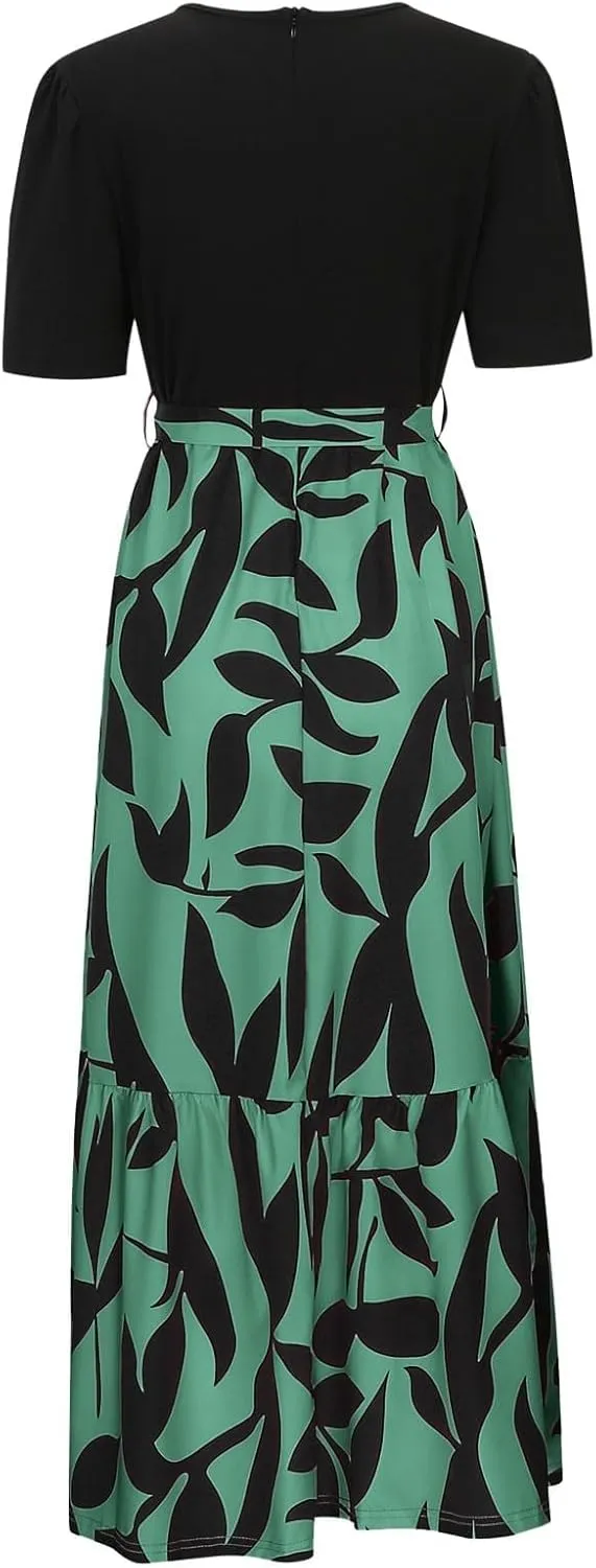 Long Floral Dresses for Women Summer Crewneck Boho Flowy Midi Dress with Belt Casual