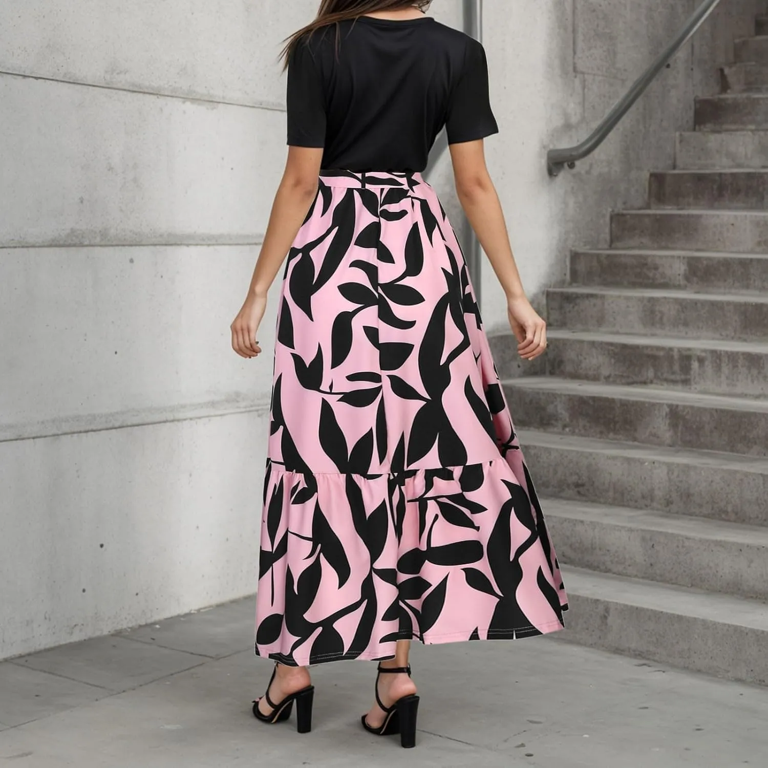Long Floral Dresses for Women Summer Crewneck Boho Flowy Midi Dress with Belt Casual