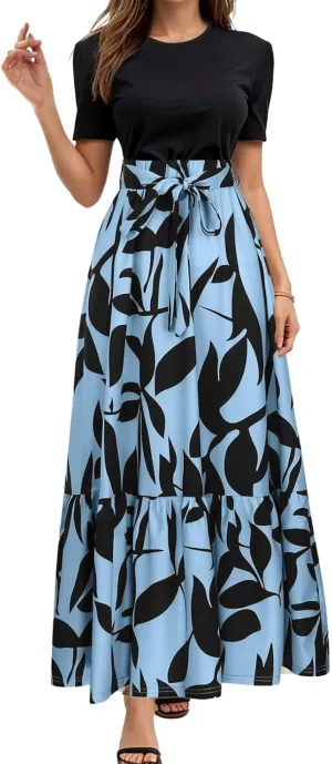 Long Floral Dresses for Women Summer Crewneck Boho Flowy Midi Dress with Belt Casual
