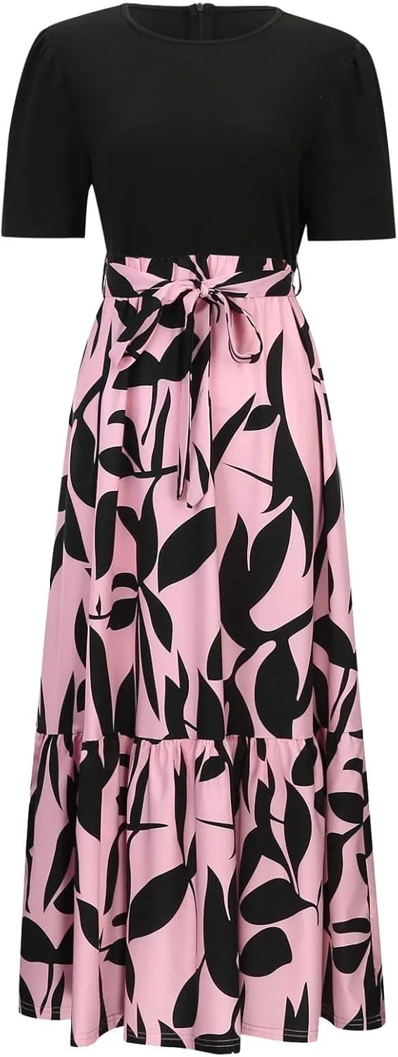 Long Floral Dresses for Women Summer Crewneck Boho Flowy Midi Dress with Belt Casual