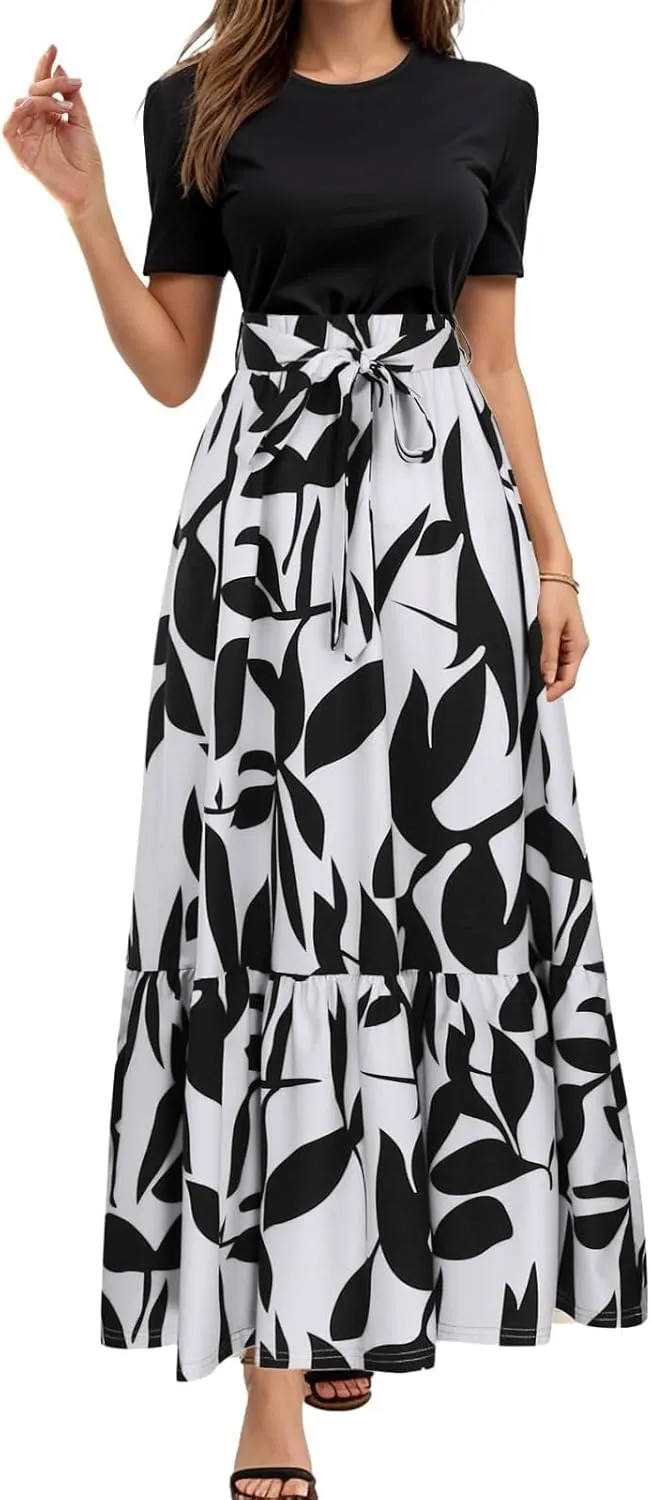 Long Floral Dresses for Women Summer Crewneck Boho Flowy Midi Dress with Belt Casual