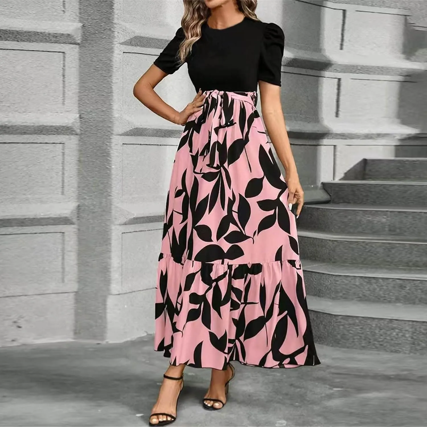 Long Floral Dresses for Women Summer Crewneck Boho Flowy Midi Dress with Belt Casual