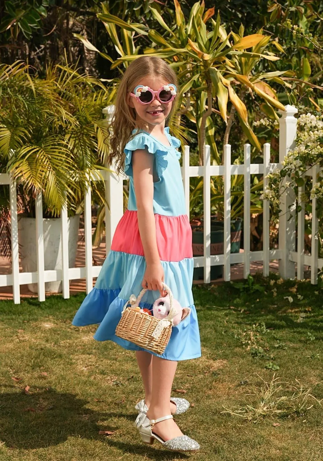 LQSZ Girls Summer Dresses with Ruffle Short Sleeve Midi Casual A-Line Twirly School Sundress Size 3-12 Years