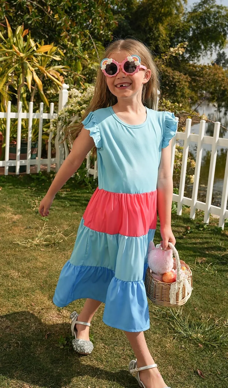 LQSZ Girls Summer Dresses with Ruffle Short Sleeve Midi Casual A-Line Twirly School Sundress Size 3-12 Years
