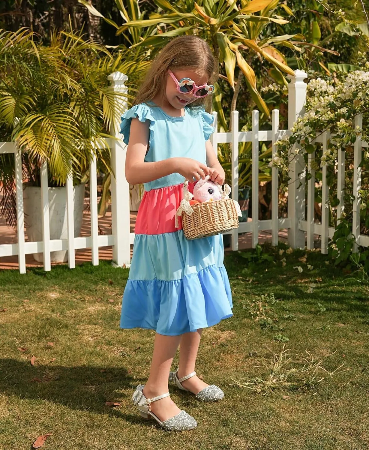 LQSZ Girls Summer Dresses with Ruffle Short Sleeve Midi Casual A-Line Twirly School Sundress Size 3-12 Years