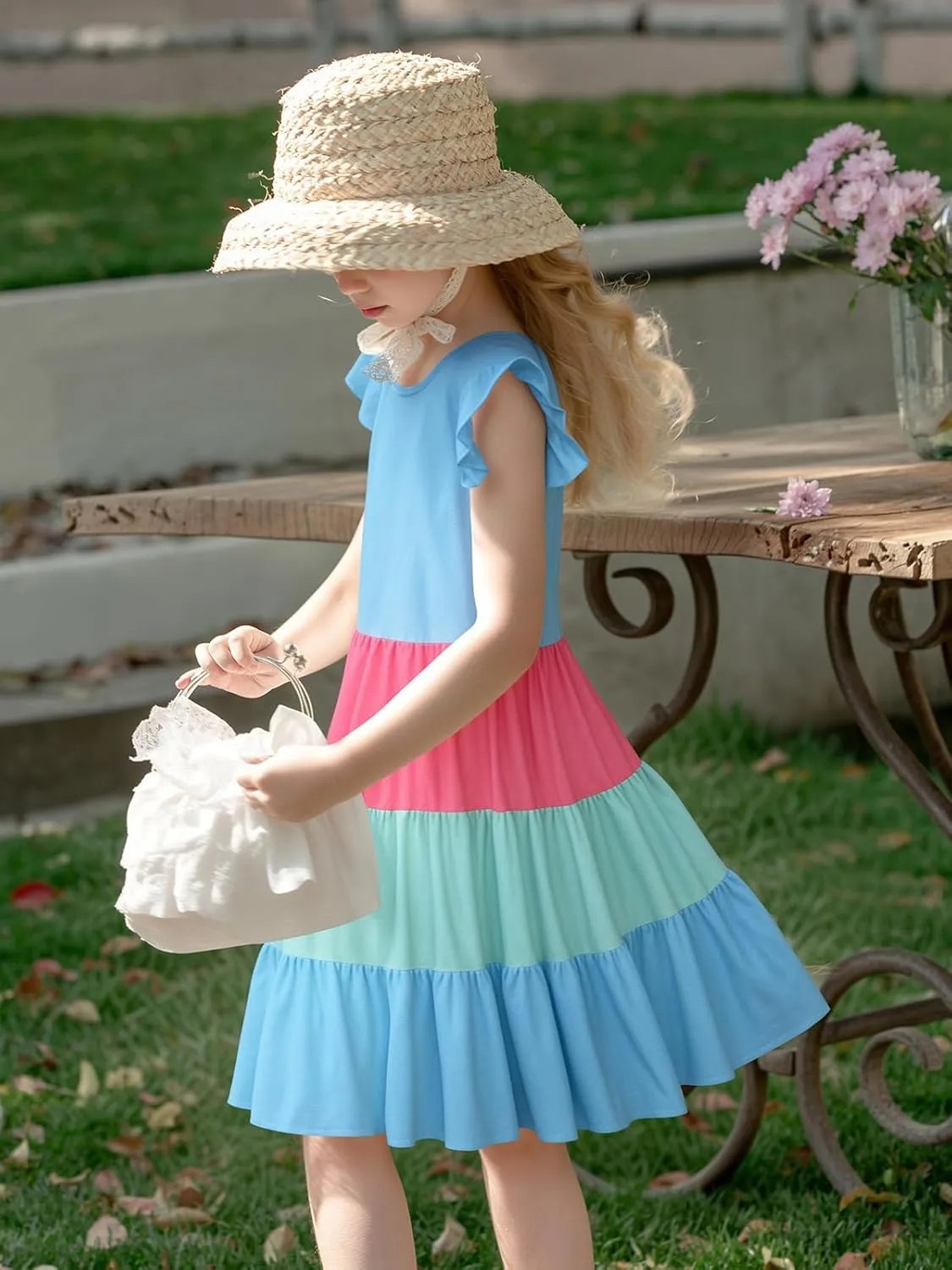 LQSZ Girls Summer Dresses with Ruffle Short Sleeve Midi Casual A-Line Twirly School Sundress Size 3-12 Years
