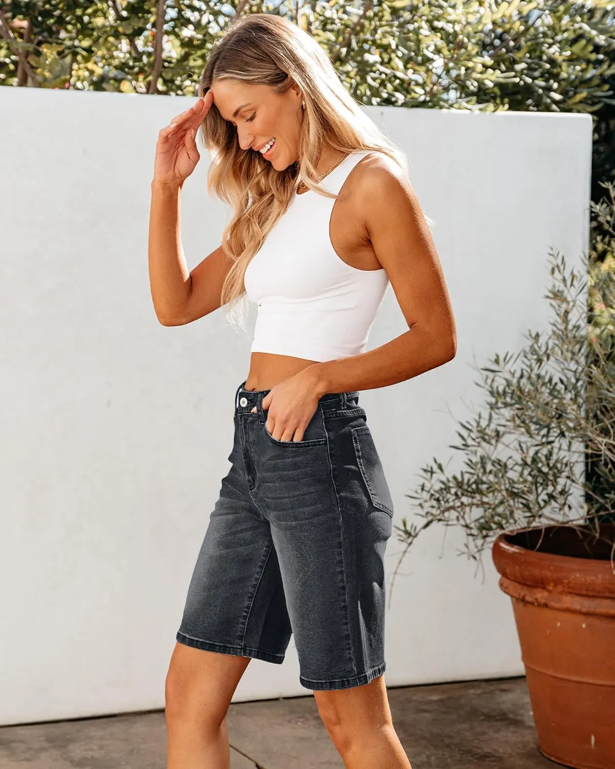luvamia Bermuda Jean Shorts for Women High Waisted Trendy Stretchy Denim Shorts Knee Length Cutoff Loose Fit Long Shorts