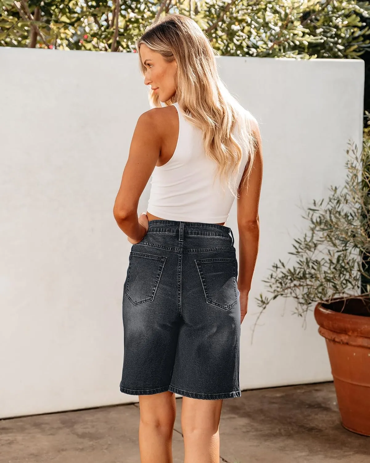 luvamia Bermuda Jean Shorts for Women High Waisted Trendy Stretchy Denim Shorts Knee Length Cutoff Loose Fit Long Shorts