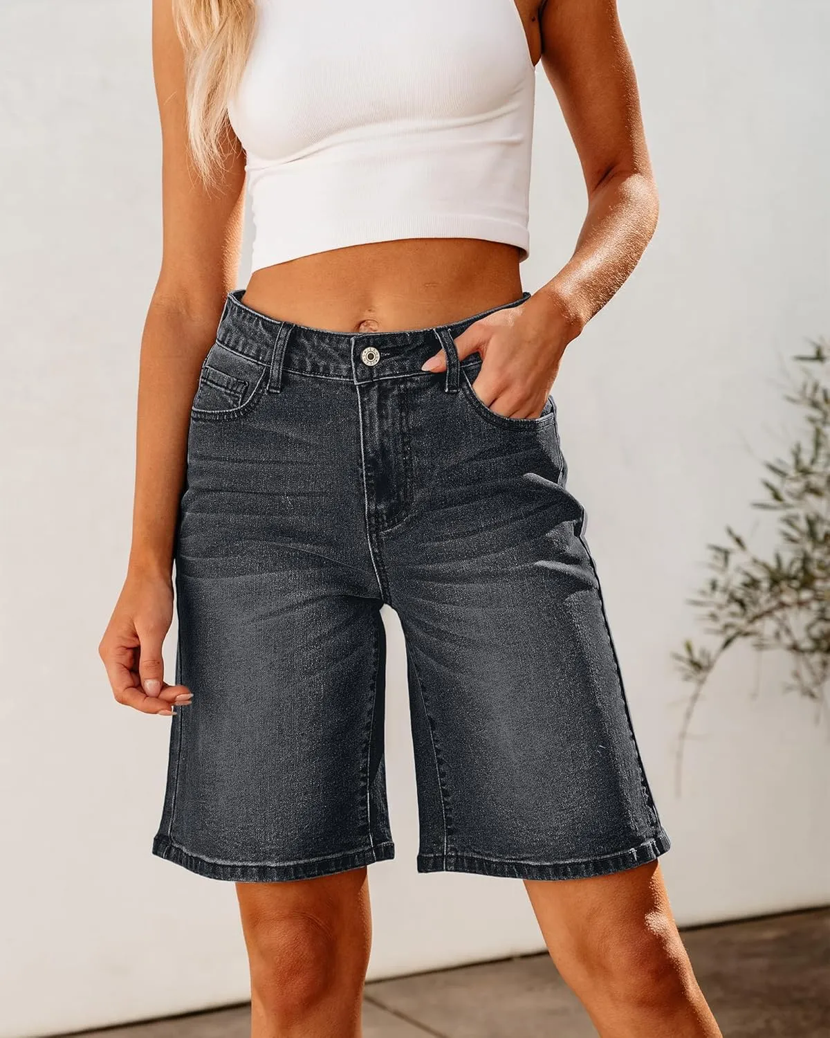 luvamia Bermuda Jean Shorts for Women High Waisted Trendy Stretchy Denim Shorts Knee Length Cutoff Loose Fit Long Shorts