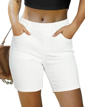 luvamia Jean Shorts for Women Trendy Pull On Mid Rise Elastic Waist Summer Casual Stretchy Long Denim Walking Shorts