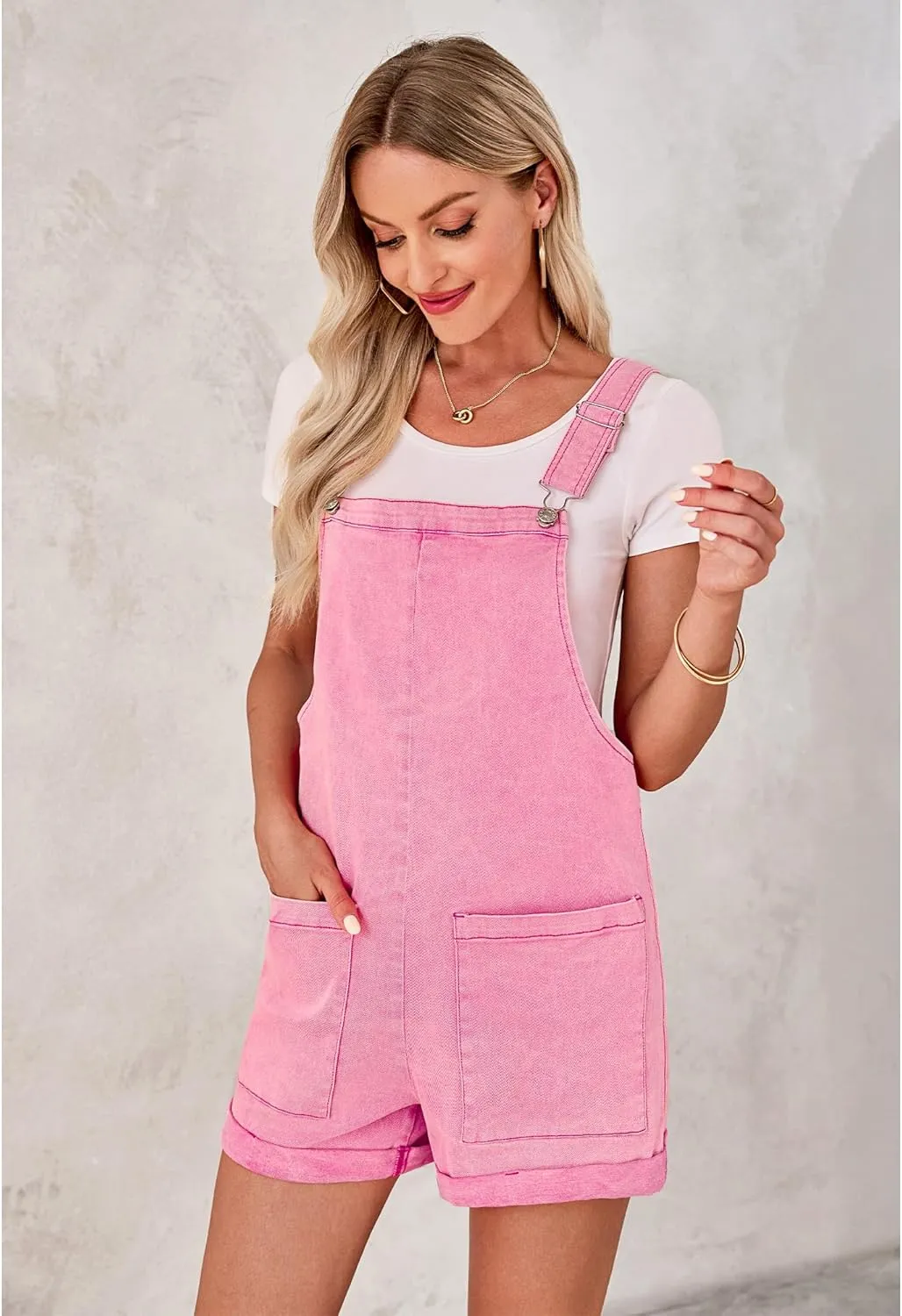 luvamia Short Overalls for Women Loose Fit Jean Rompers Baggy Stretchy Denim Jumpsuit Summer Shortalls with Pockets
