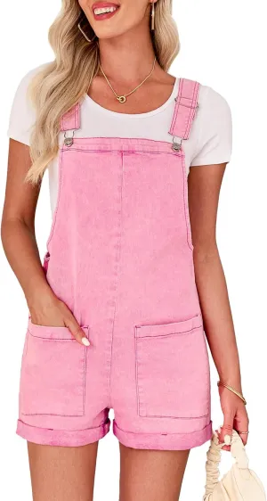 luvamia Short Overalls for Women Loose Fit Jean Rompers Baggy Stretchy Denim Jumpsuit Summer Shortalls with Pockets