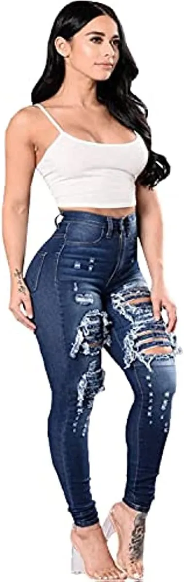 Maiyifu-GJ Destroyed Denim Skinny Jeans for Women - High Waisted and Stretchy with Ripped Accents