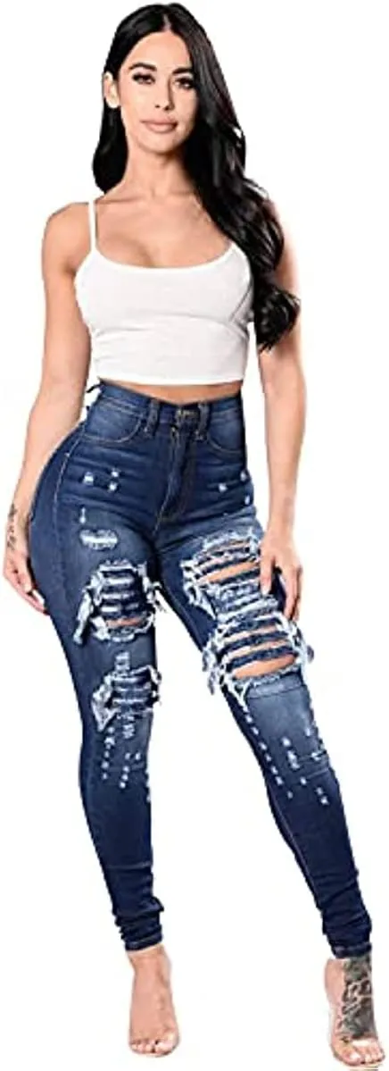 Maiyifu-GJ Destroyed Denim Skinny Jeans for Women - High Waisted and Stretchy with Ripped Accents