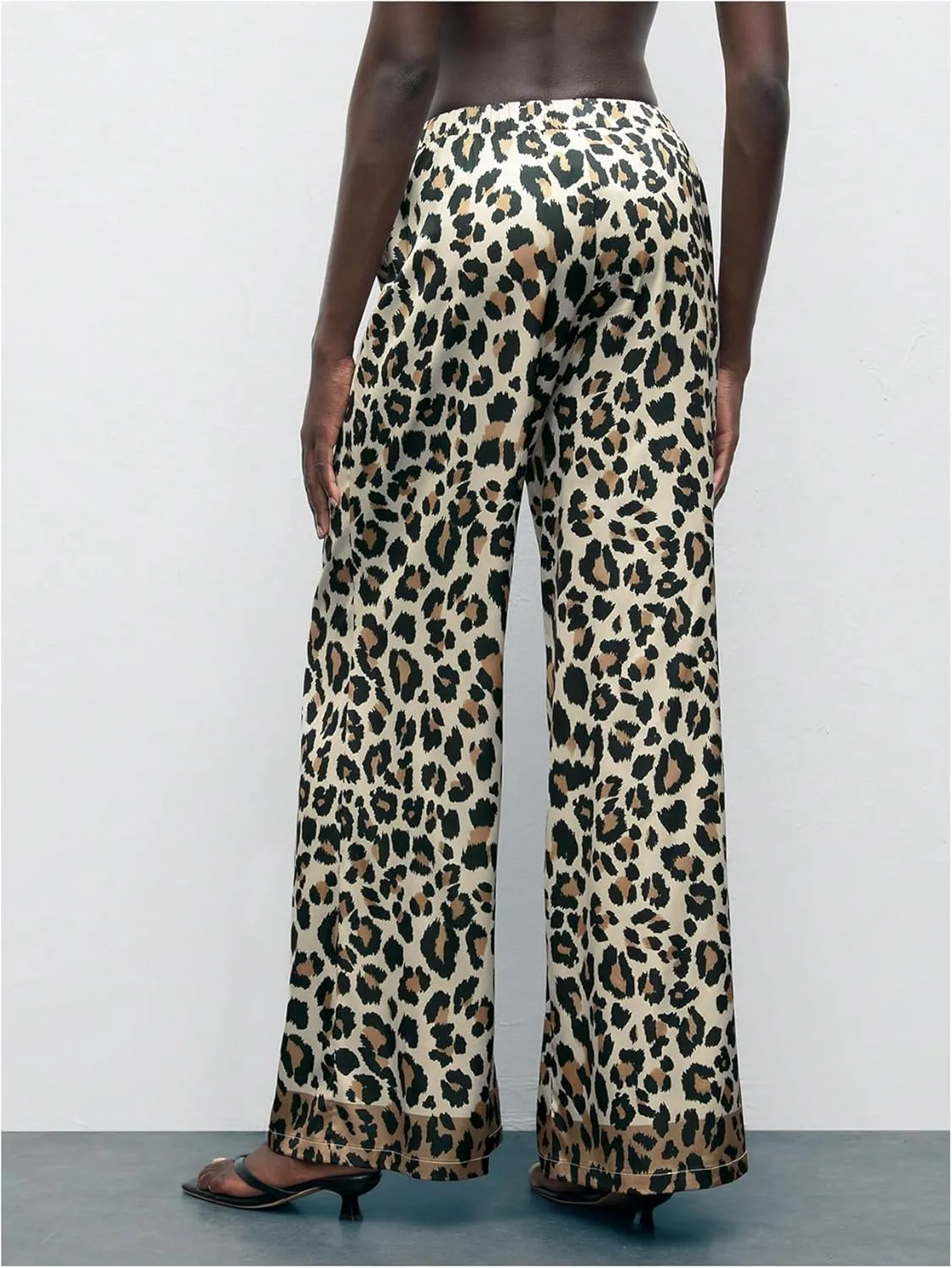 MakeMeChic Women's Leopard Print Pants Elastic Waist Lounge Pants Wide Leg Loose Long Pajama Pants
