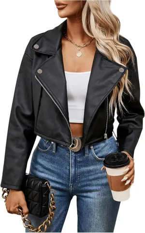 MakeMeChic Women's PU Leather Jacket Lapel Long Sleeve Zipper Cropped Motorcycle Jacket Outerwear