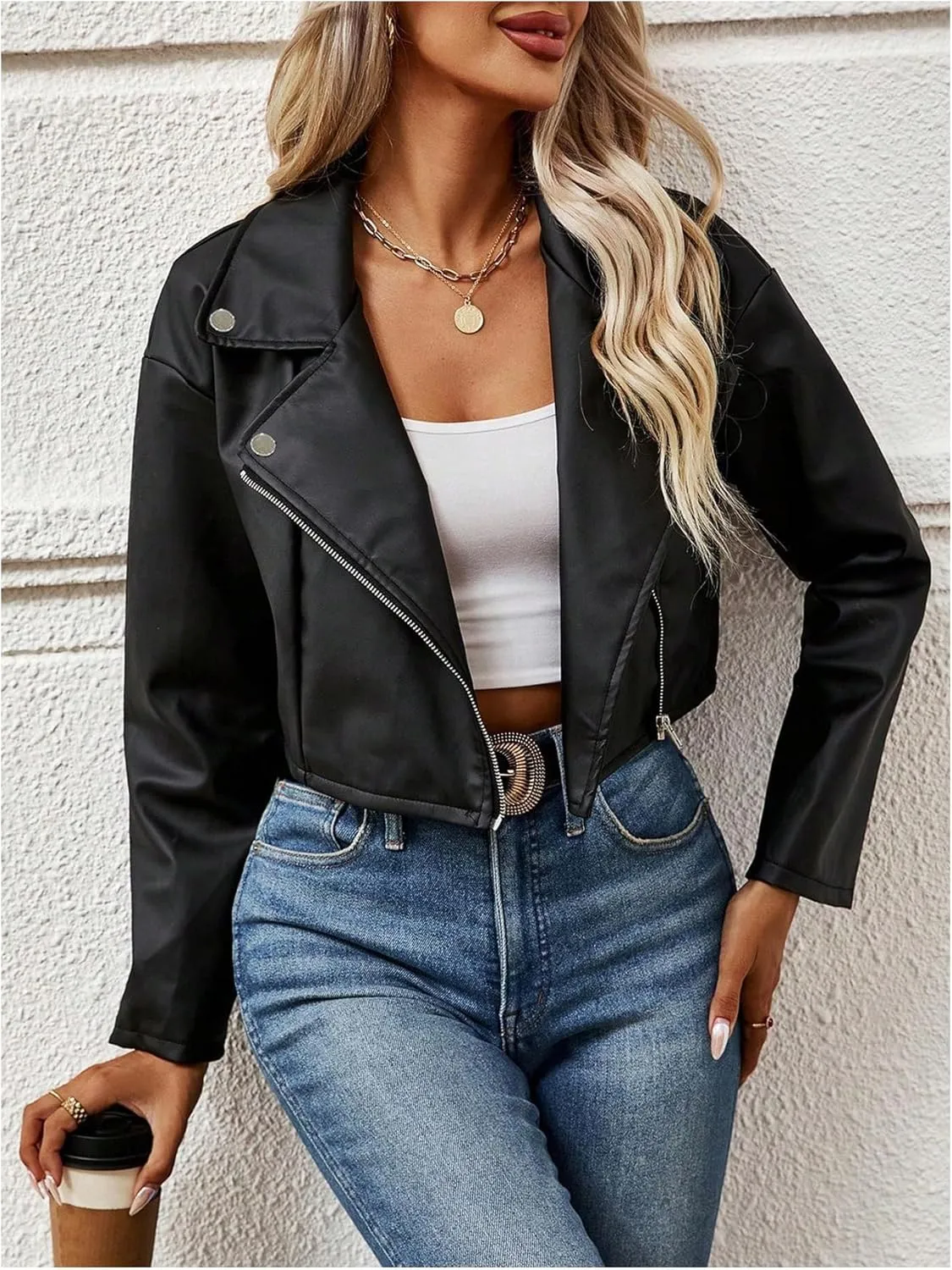 MakeMeChic Women's PU Leather Jacket Lapel Long Sleeve Zipper Cropped Motorcycle Jacket Outerwear