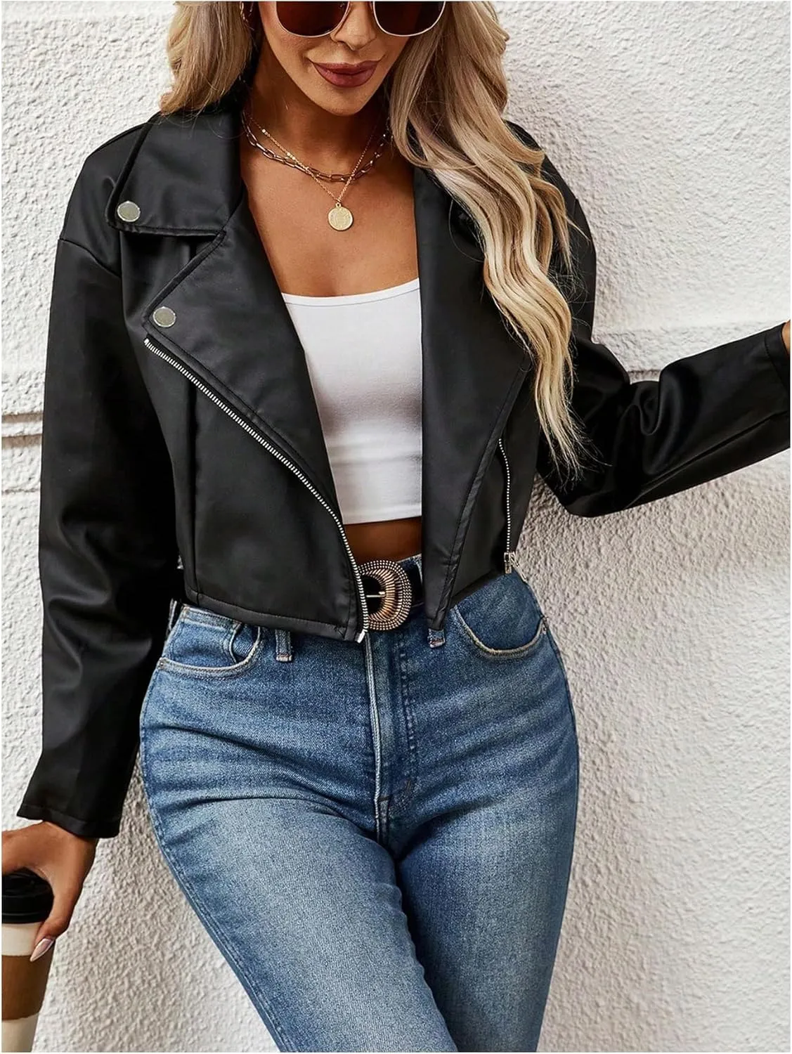 MakeMeChic Women's PU Leather Jacket Lapel Long Sleeve Zipper Cropped Motorcycle Jacket Outerwear