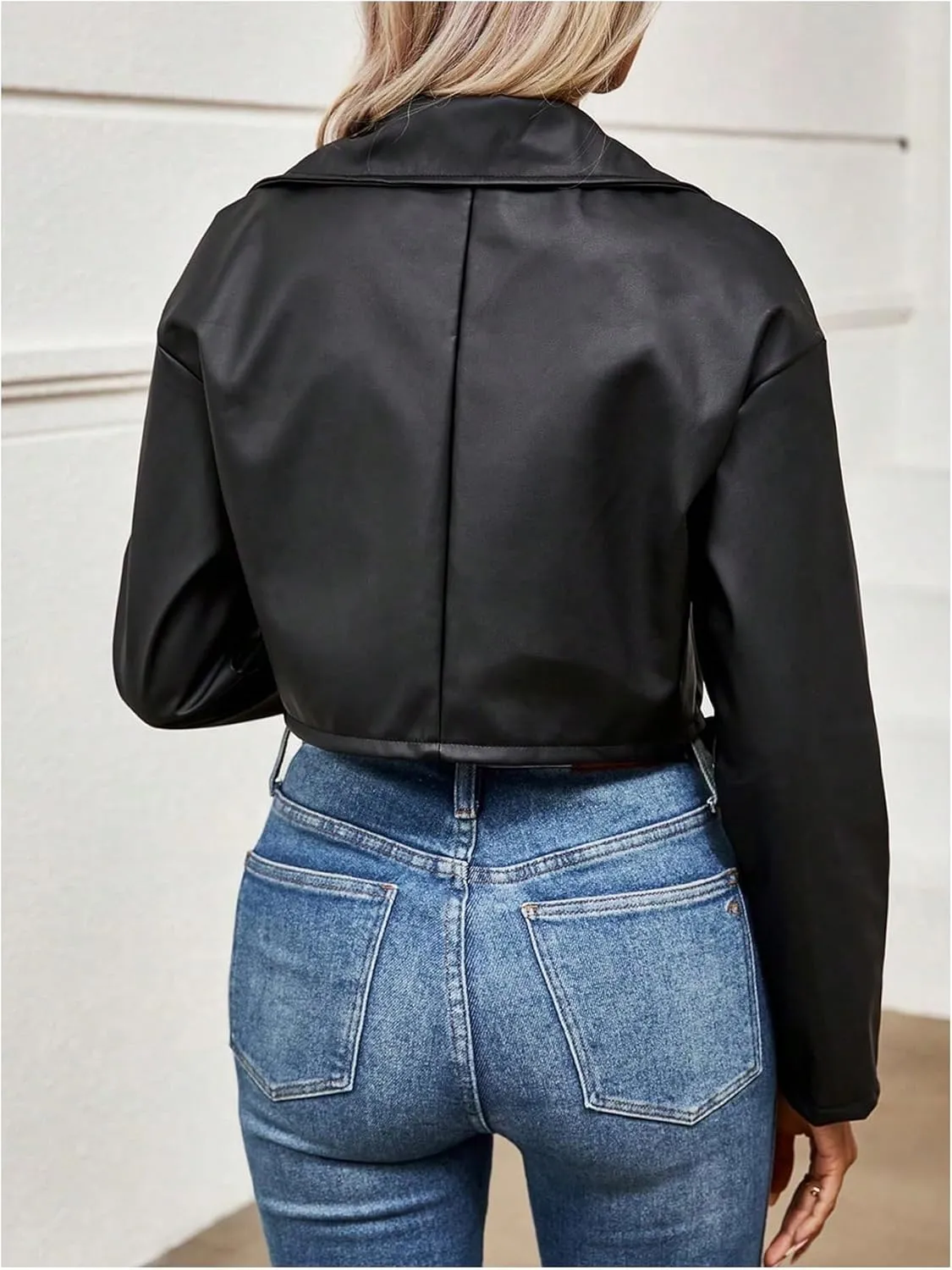 MakeMeChic Women's PU Leather Jacket Lapel Long Sleeve Zipper Cropped Motorcycle Jacket Outerwear