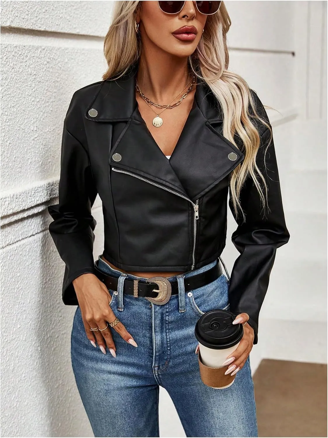 MakeMeChic Women's PU Leather Jacket Lapel Long Sleeve Zipper Cropped Motorcycle Jacket Outerwear