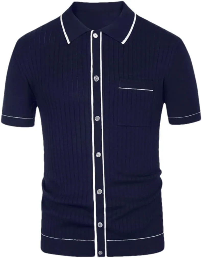 Men Knit Short Sleeve Polo Shirt Casual Lapel Button Down Cardigan Breathable Tops