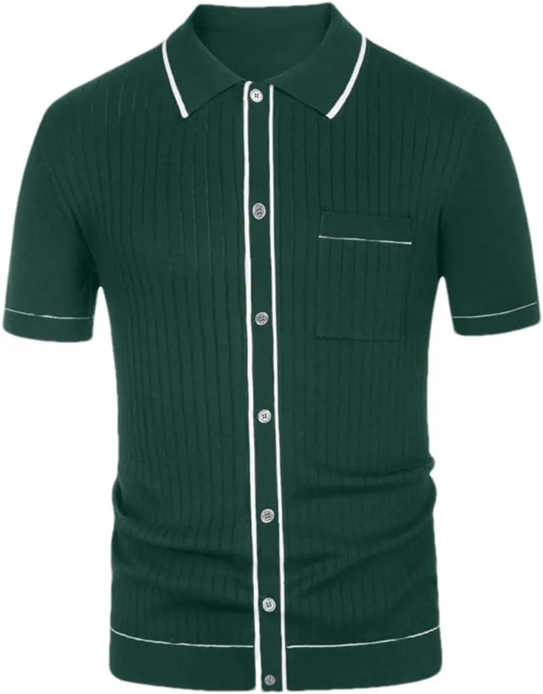 Men Knit Short Sleeve Polo Shirt Casual Lapel Button Down Cardigan Breathable Tops