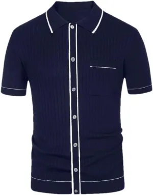 Men Knit Short Sleeve Polo Shirt Casual Lapel Button Down Cardigan Breathable Tops