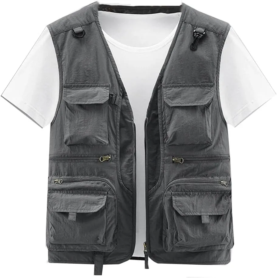 Men Outdoor Casual Vest Solid Breathable Multi-Pocket Photography Fishing Vest Sleeveless Jacket