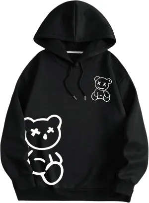 Men's Bear Graphic Drawstring Pullover Hoodie Causal Long Sleeve Hooded Sweatshirts