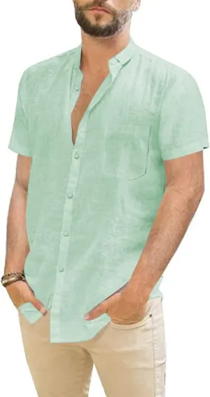 Mens Casual Linen Button Down Short Sleeve Shirts Beach Summer Spread Collar Pocket Tops