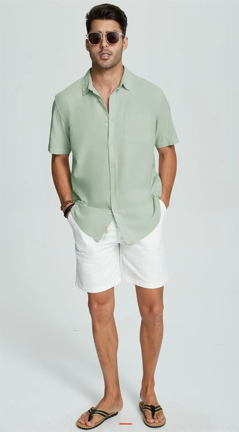 Mens Casual Linen Button Down Short Sleeve Shirts Beach Summer Spread Collar Pocket Tops