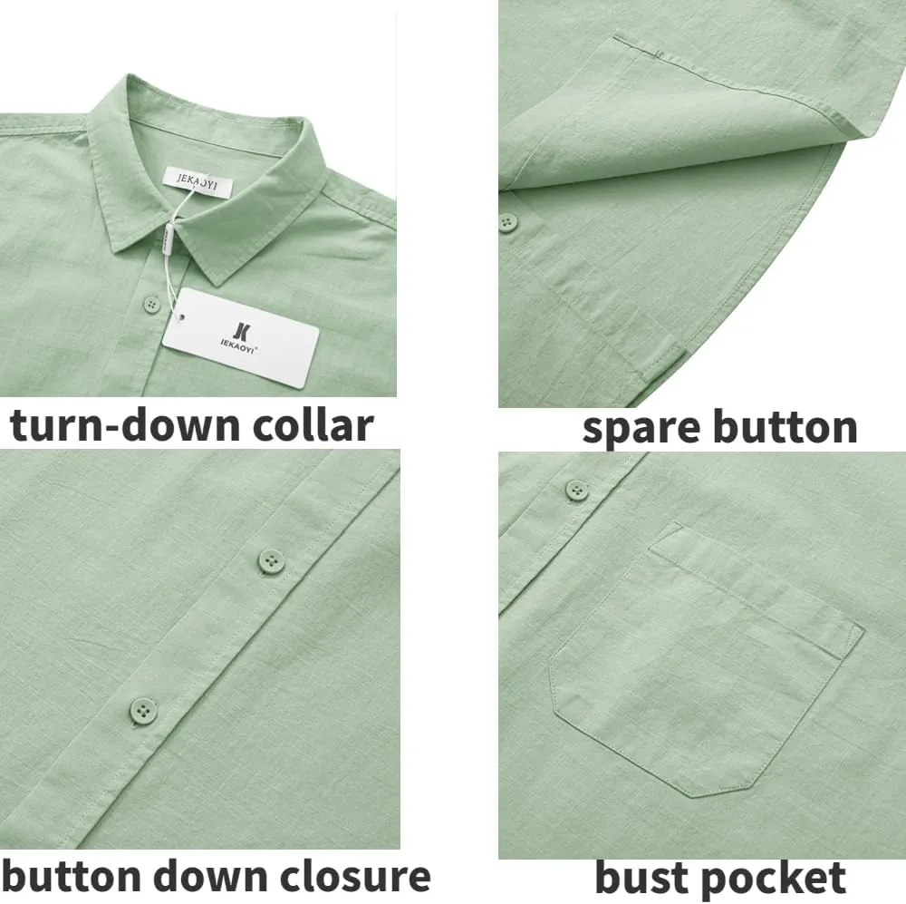 Mens Casual Linen Button Down Short Sleeve Shirts Beach Summer Spread Collar Pocket Tops