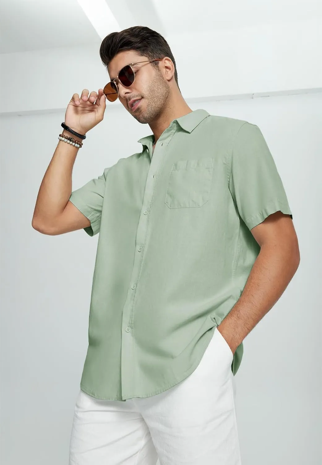 Mens Casual Linen Button Down Short Sleeve Shirts Beach Summer Spread Collar Pocket Tops