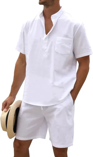Men's Cotton Linen Set Henley Shirts Shorts outfits 2 Piece Beach Clothes Vacation Matching Suit Summer Wear