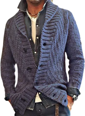 Mens Lapel Chunky Knit Cardigan Sweater Vintage Long Sleeve Button Down Sweater Business Gentleman Long Sleeve Tops