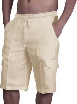 Men's Linen Shorts Casual Cotton Elastic Waist Drawstring Summer Beach Vacation Shorts with Pockets