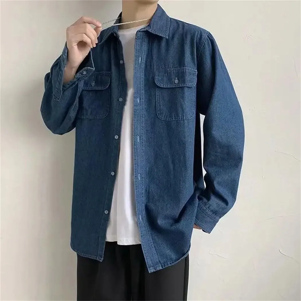 Mens Loose Casual Long Sleeve Denim Shirt Vintage Washed Office Work Button Down Jean Shirt