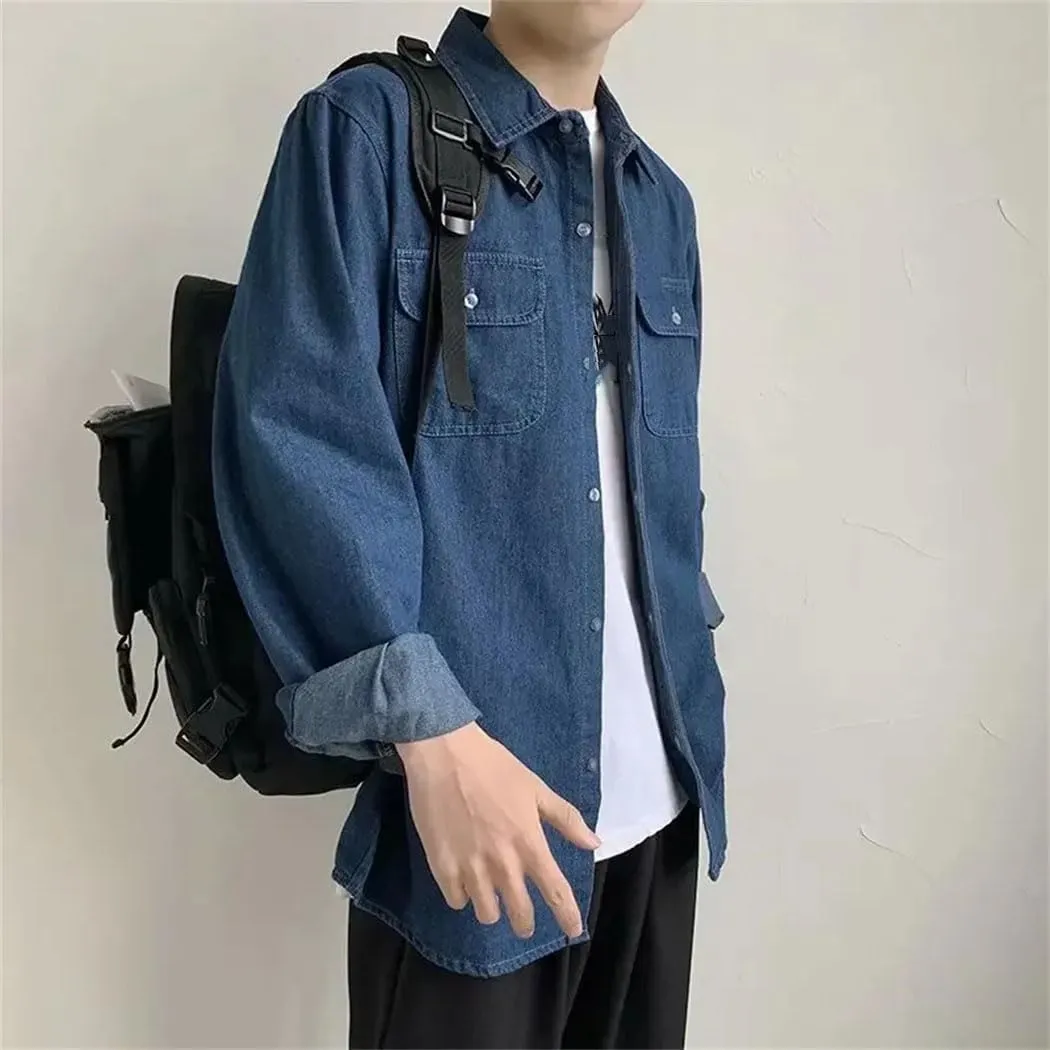 Mens Loose Casual Long Sleeve Denim Shirt Vintage Washed Office Work Button Down Jean Shirt